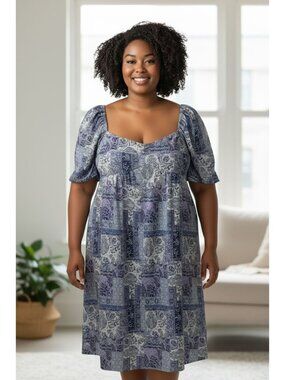 NSR Square Neck Puff Sleeve Midi Dress Blue & Lavender Paisley Print Polyester W